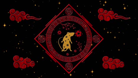 lunar new year, spring festival background with rat simbol, fireworks, glittering stars. chinese new year black starry night backdrop for holiday event. 3d rendering animation. seamless loop 4k video