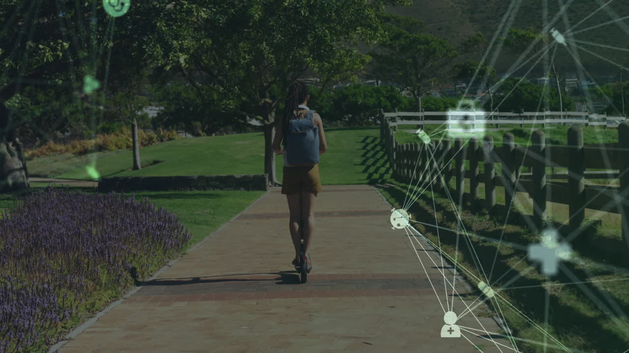 Animation of network of connections with medical icons over woman driving scooter in park