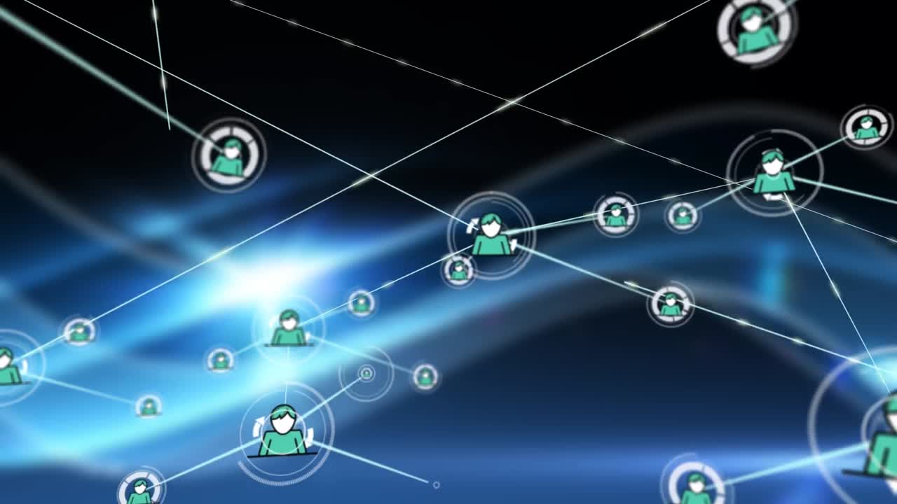 검은색 배경의 모양 위에 아이콘으로 연결된 네트워크의 애니메이션