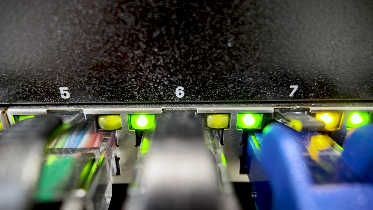 Network switch displaying active data transmission through connected ethernet cables and blinking indicator lights