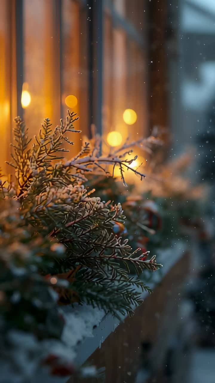 Vertical video: Pulling back camera showing frosted sprig on window ledge at dusk, revealing lights