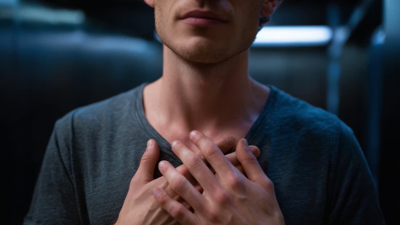 Un primo piano di un uomo in ascensore, che esprime emozione attraverso i gesti, catturando l'intensità del momento e la profondità dell'esperienza umana in un'ambientazione unica.