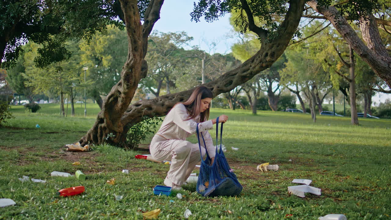 Woman cleaning park grass picking up discarded trash. Girl cleanup nature