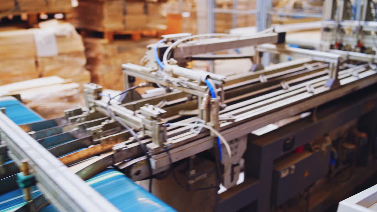 Robotic equipment on a factory. Metal construction of automated technologies inside the industrial plant. Conveyor line at working process.