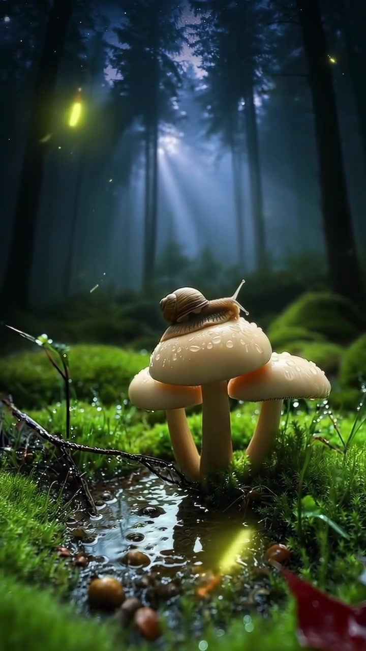 Lumaca che riposa su funghi in una magica foresta nebbiosa