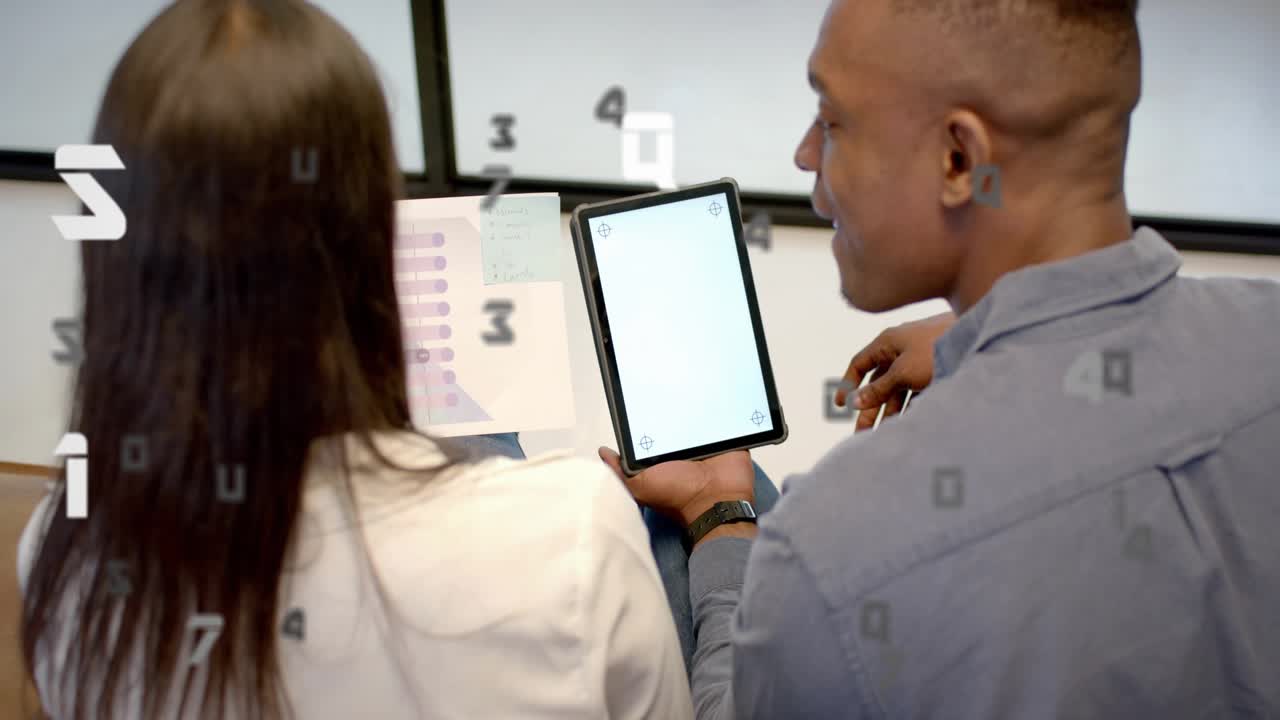 Woman pointing list while man gesturing near tablet, starting character overlay for business review