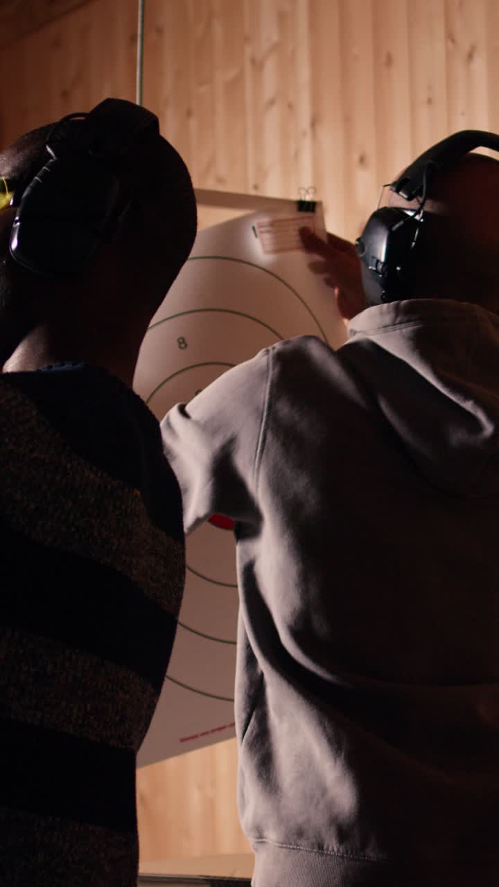 Vertical video People practicing with weapons in safe environment at shooting range company