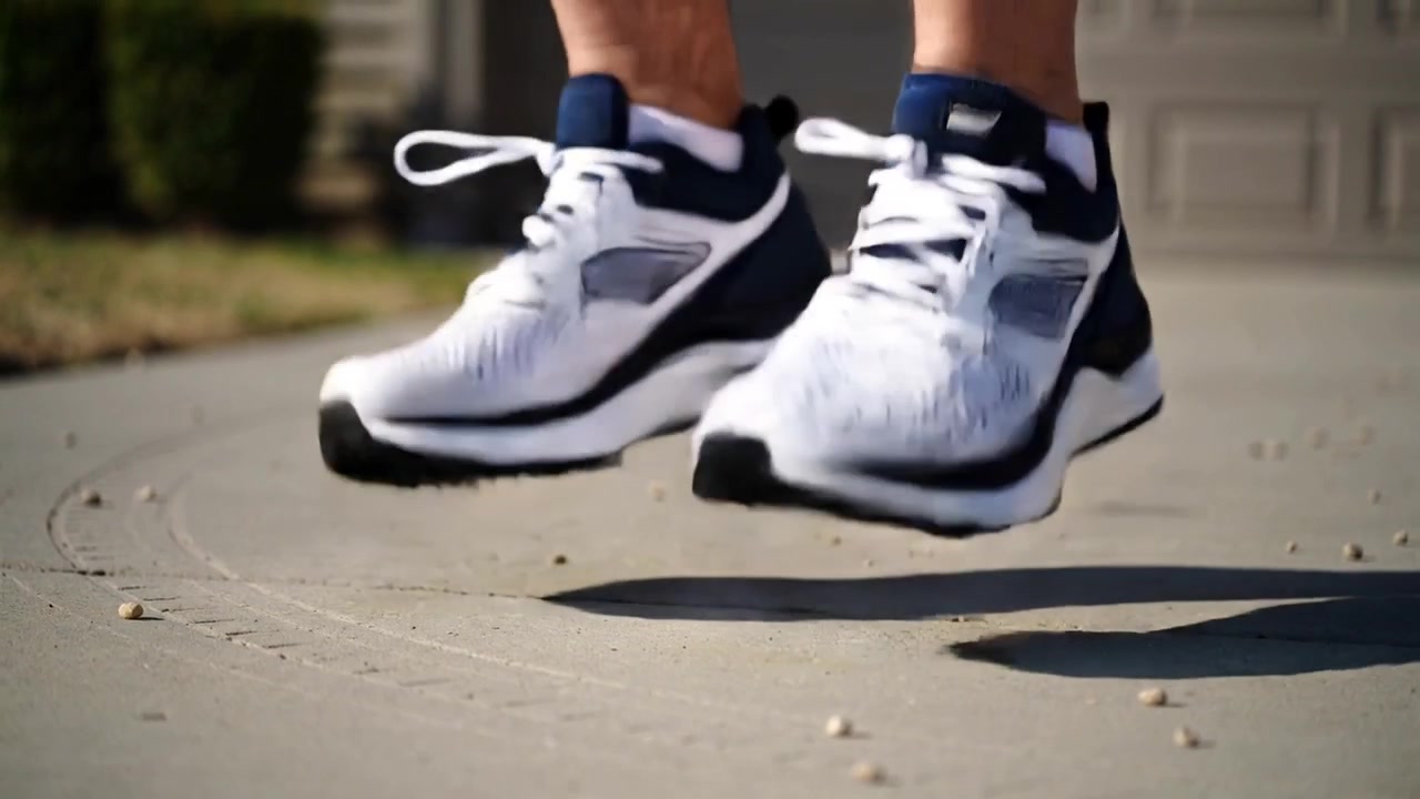 Spingendosi, gambe adulte si sollevano dal vialetto, scendendo e atterrando con scarpe da ginnastica blu navy e bianche.