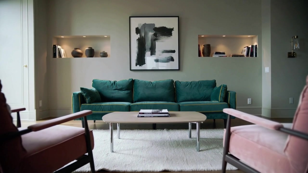 Camera moving forward zooming in, revealing teal-green sofa, dusty-pink armchairs in modern room
