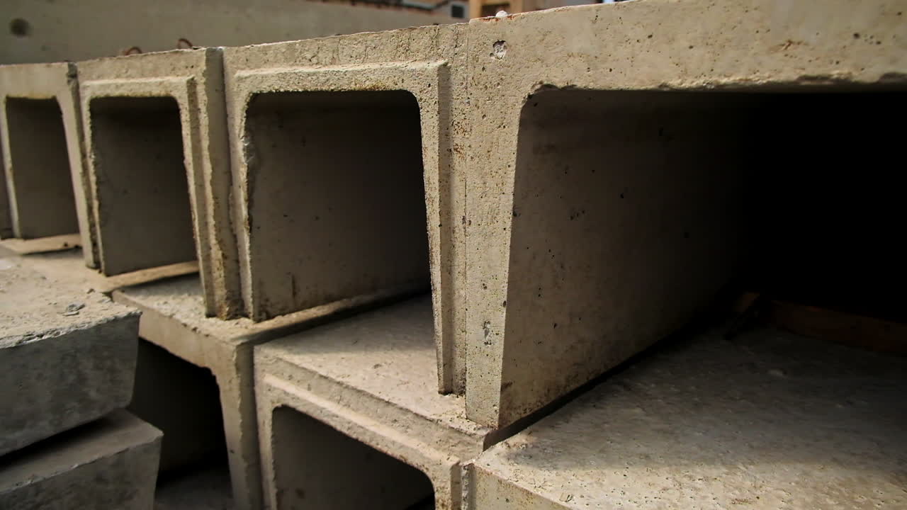 Arched armored concrete beams stacked outdoors. Close up. Industrial zone with building materials at backdrop.