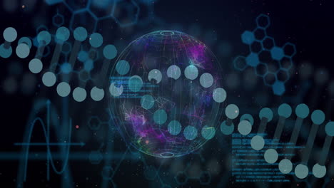 animación de cadena de adn y procesamiento de datos digitales en todo el mundo