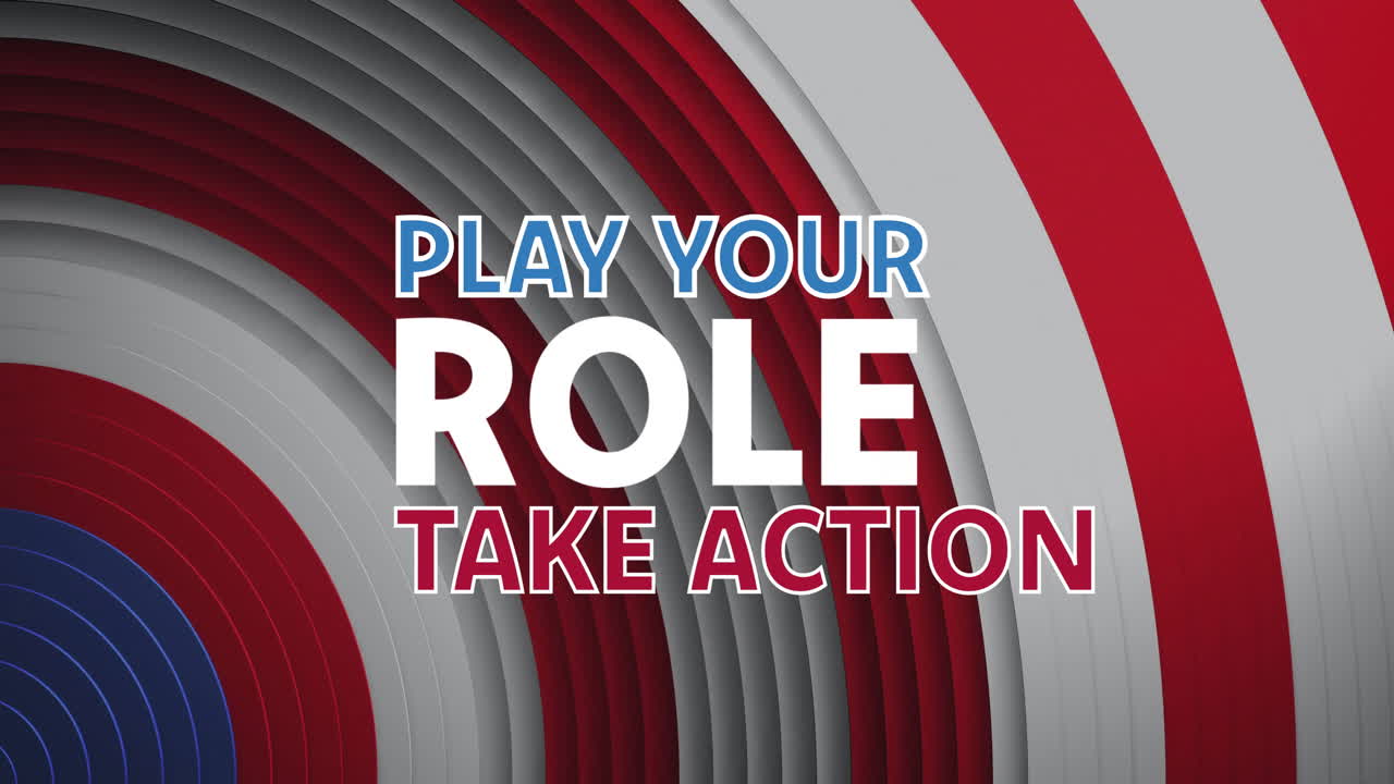 Animation of play your role, take action text and stars over american flag concentric rings