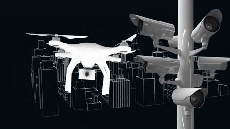 Animation-Eines-3D-Architekturmodells-Mit-Weißem-Umriss,-Das-Sich-Dreht-Und-Drohnen-Fliegt