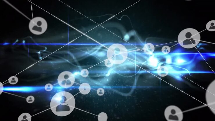 Animation of network of profile icons and glowing blue wavy light trails against black background