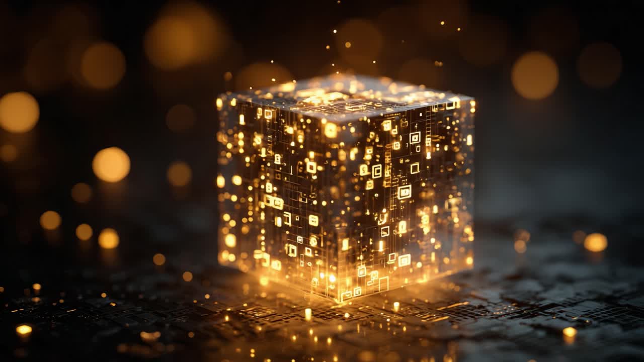 Luminous cube atop a glowing circuit board representing big data processing, blockchain and AI core, futuristic digital network and central processor powering secure cyberspace systems