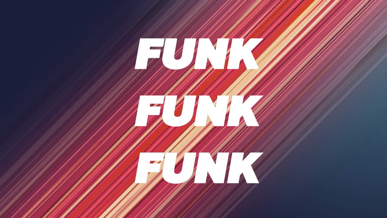 animación de funk en texto blanco y multicolor sobre luces diagonales rojas rayadas