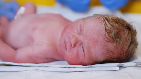tiny cute caucasian newborn with red hair. just born baby slightly opening its eyes. close up.