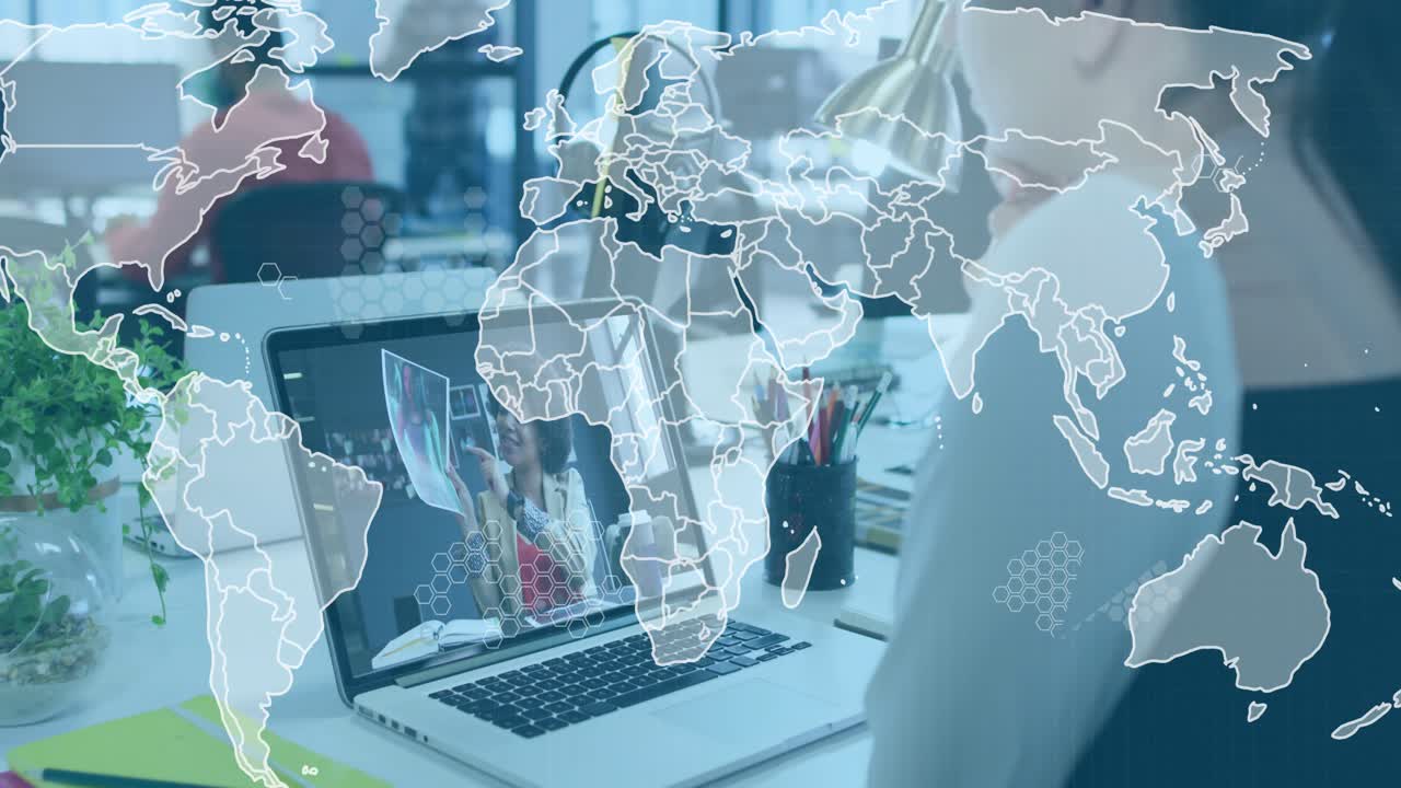 Staff watching biz call starting, presenter showing docs as map overlay expanding to show network