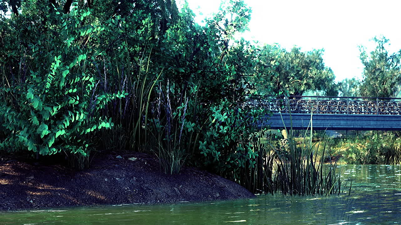 Idyllic riverside getaway with greenery and a sunlit bridge