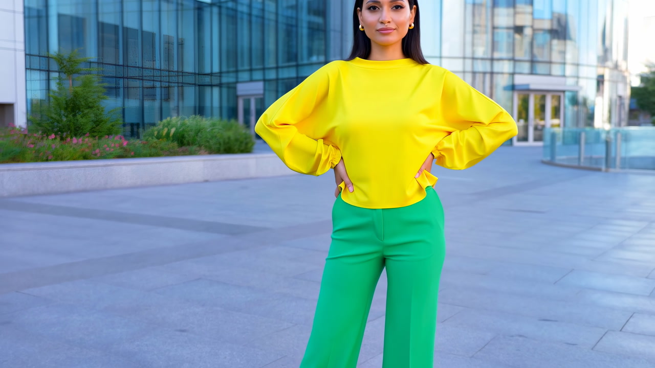 Woman Standing Urban Plaza Yellow Blouse, Green Pants, Hands On Hips, Confident Model Pose In Front Of Glass