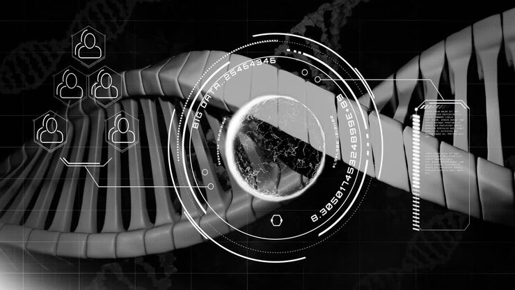 Animation of dna strand, people icons and data processing