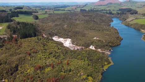 Lake-Ohakuri-and-Orakei-Korako-geothermal-area,-New-Zealand-scenic-landscape---aerial-birds-eye-view