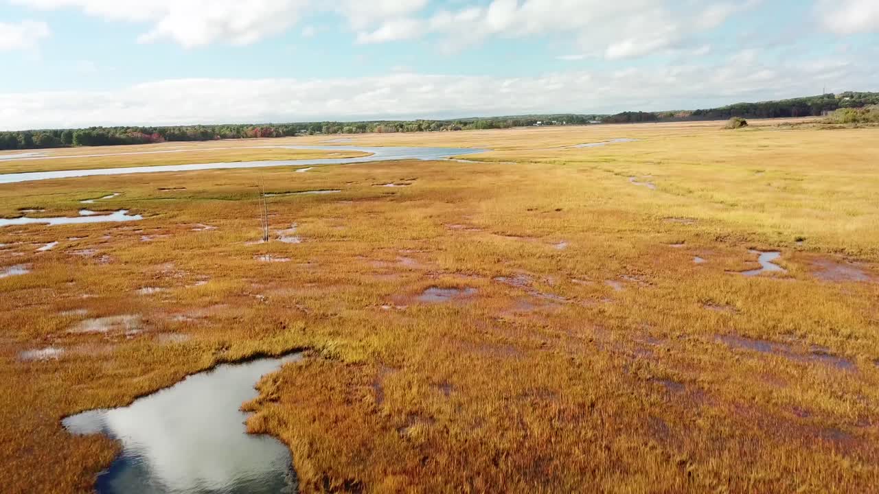 Aerial over vast bogs along the Nonesuch River near Portland Maine New England 2