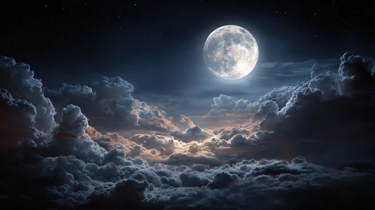 Um céu noturno sereno iluminado por uma lua cheia luminosa, rodeada por nuvens etéreas, criando uma cena celestial cativante para observadores de estrelas e sonhadores.