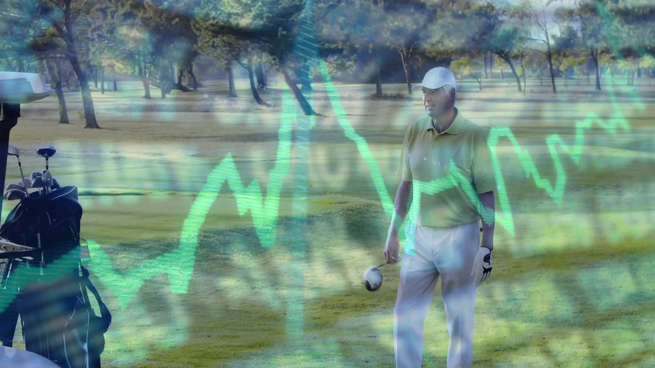 Senior golfer lifting club, arranging bag, entering cart and driving off, green waveform overlay