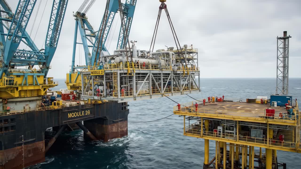 Tungløftkranfartøj installerer modul på offshore-olieplatform