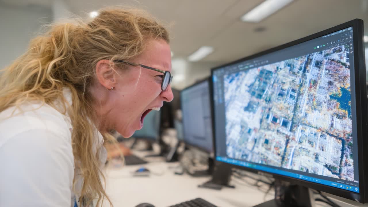 Intense Frustration: A Focused Individual Expresses Their Emotions While Analyzing Complex Data on a Computer Screen