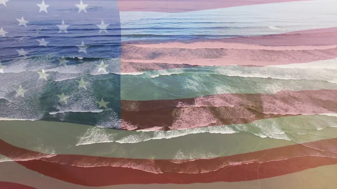 composición digital de agitarnos la bandera contra la vista aérea de las olas en el mar
