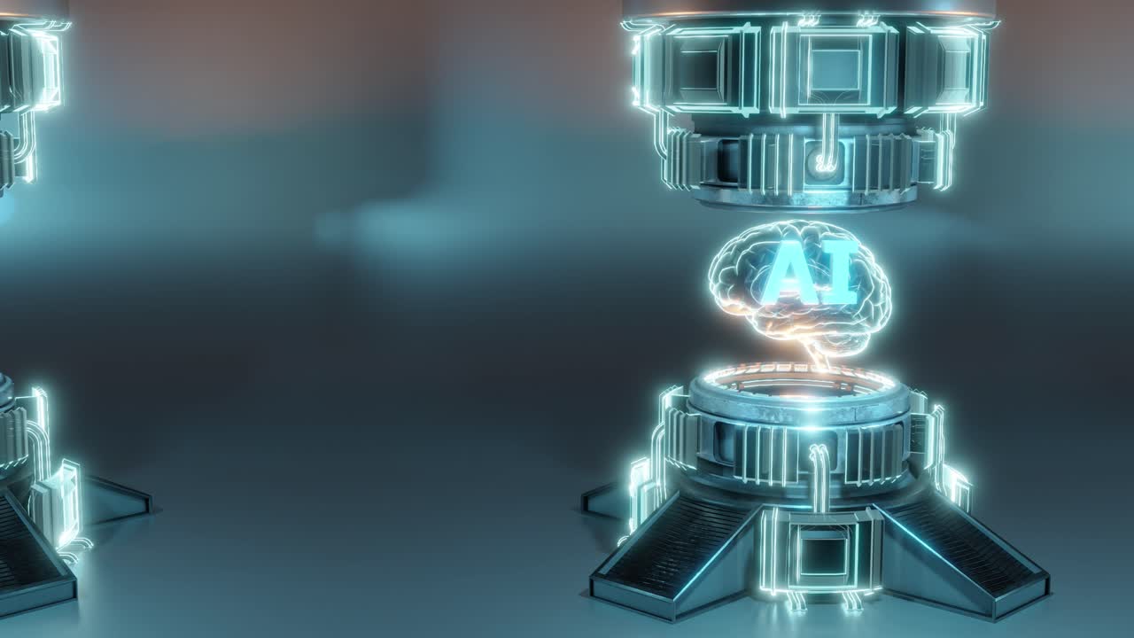3D animation loop of many brain amidst futuristic machine in laboratory, ai concept