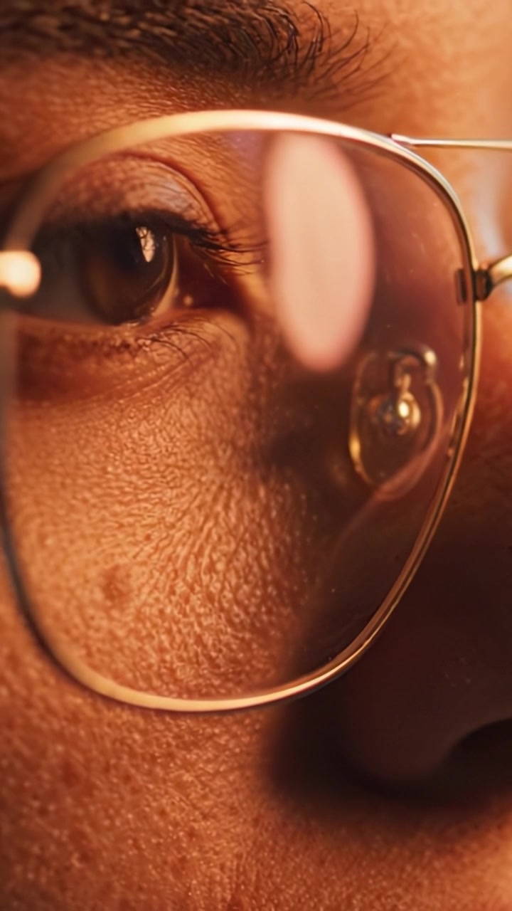 Close-Up of a Person's Eye and Reflection in Glasses, Capturing Intricate Details and Textures in Skin, Eyelashes, and Optical Lenses with Intense Focus