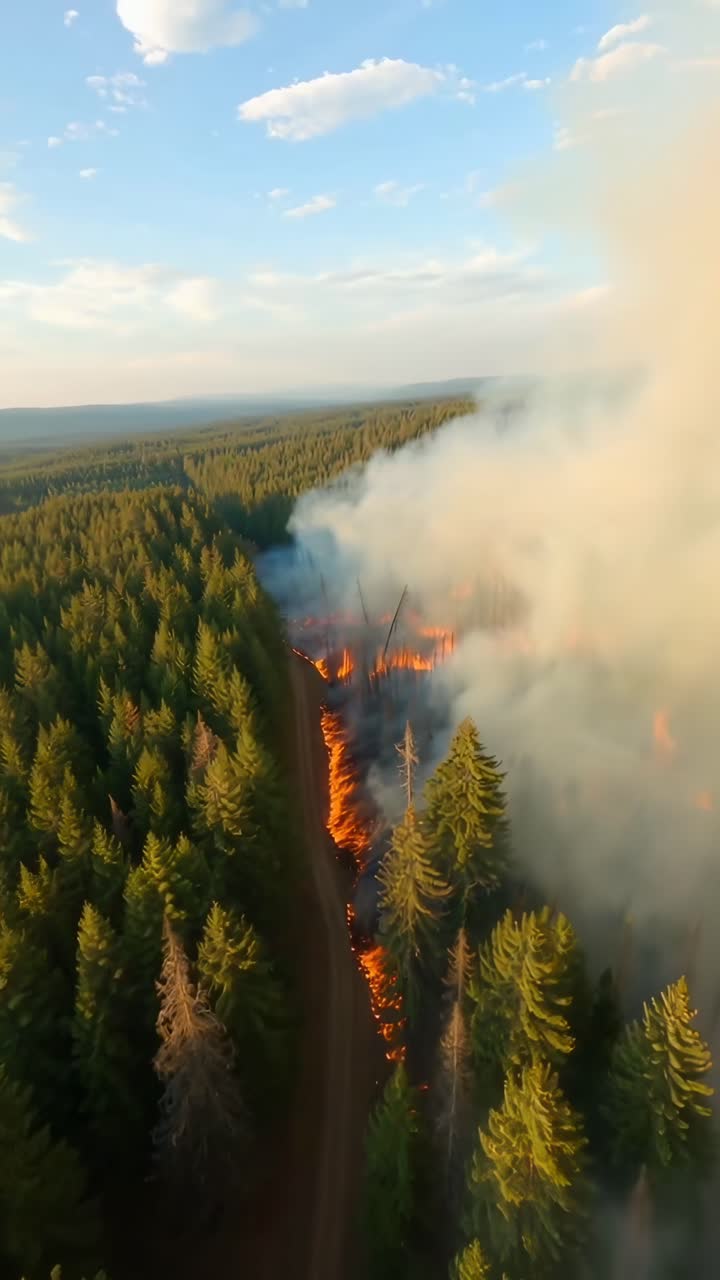 Video aereo che riprende un incendio boschivo, mostrando fumo e fiamme da una prospettiva dall'alto