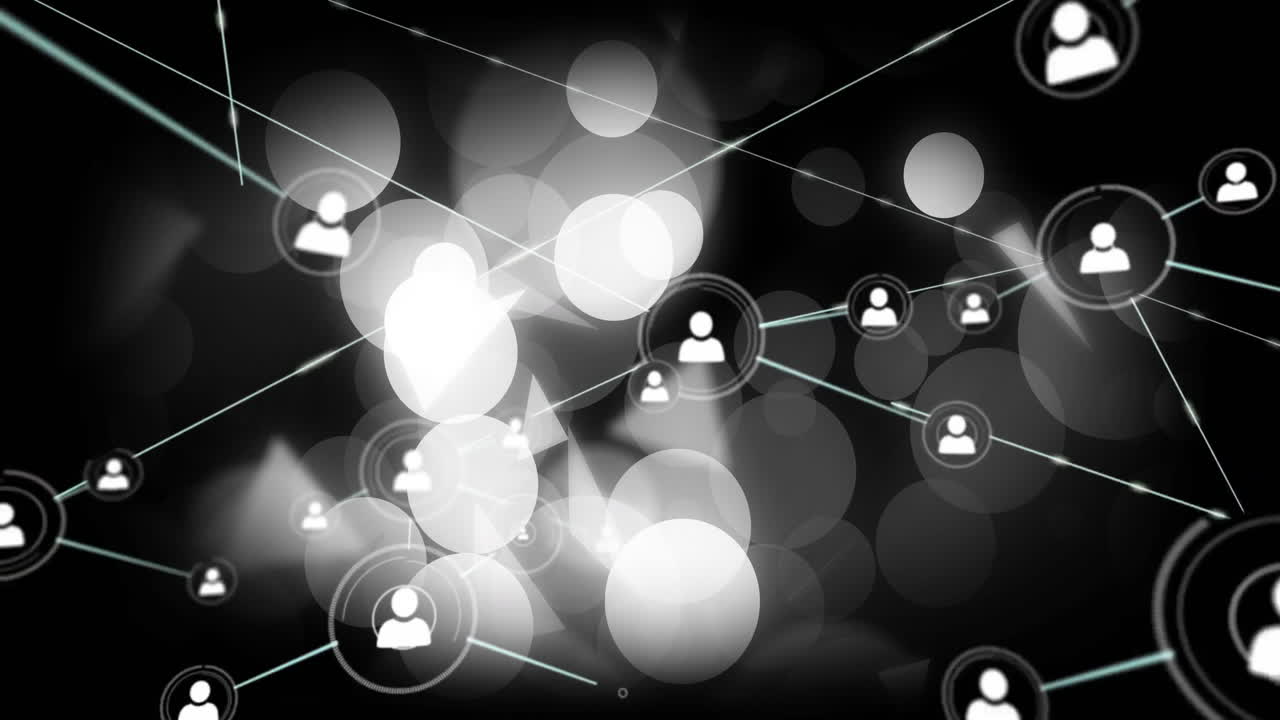 Animation of network with connected user icons on abstract bokeh background