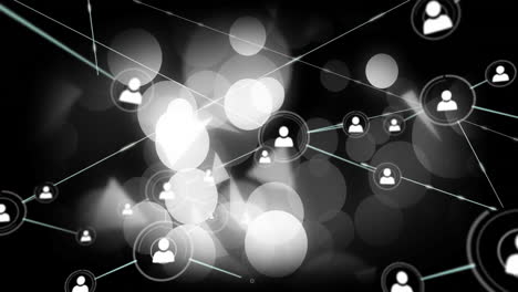 animation of network with connected user icons on abstract bokeh background