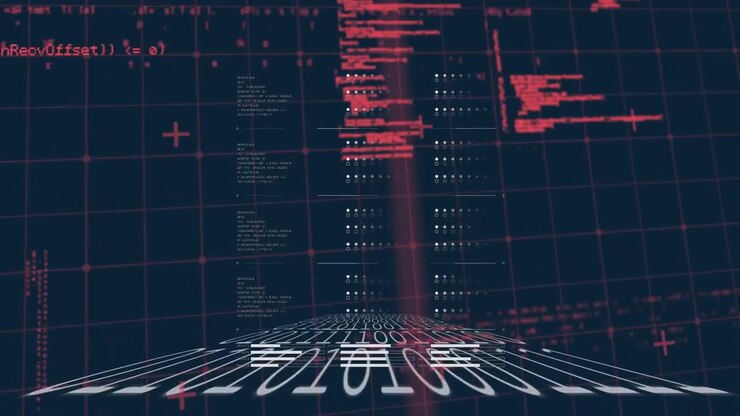 Digital animation of data processing over grid network against binary coding on blue background
