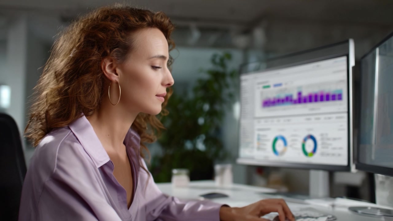 Focused Professional Analyzing Data on Dual Monitors, Showcasing Strong Computer Skills, Engagement in Work, and Dynamic Office Environment for Effective Performance.