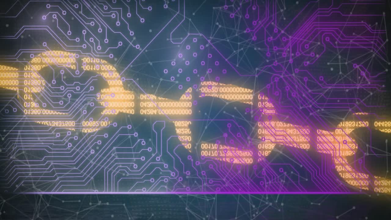 animación de la red de conexiones y el icono de la cadena de seguridad cibernética a través de conexiones de microprocesador.