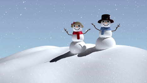 animation of snow falling over snowmen in winter scenery