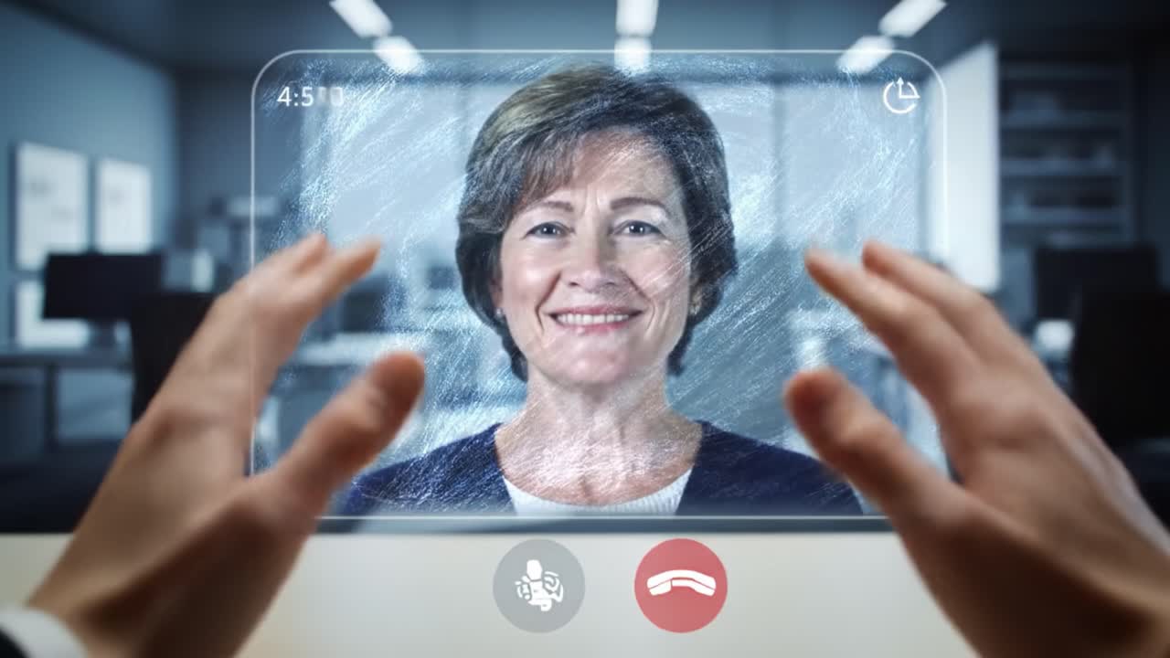 A professional woman appears on a digital display, engaging in a virtual meeting. The background features an office environment with a modern design. Communication and collaboration are evident.