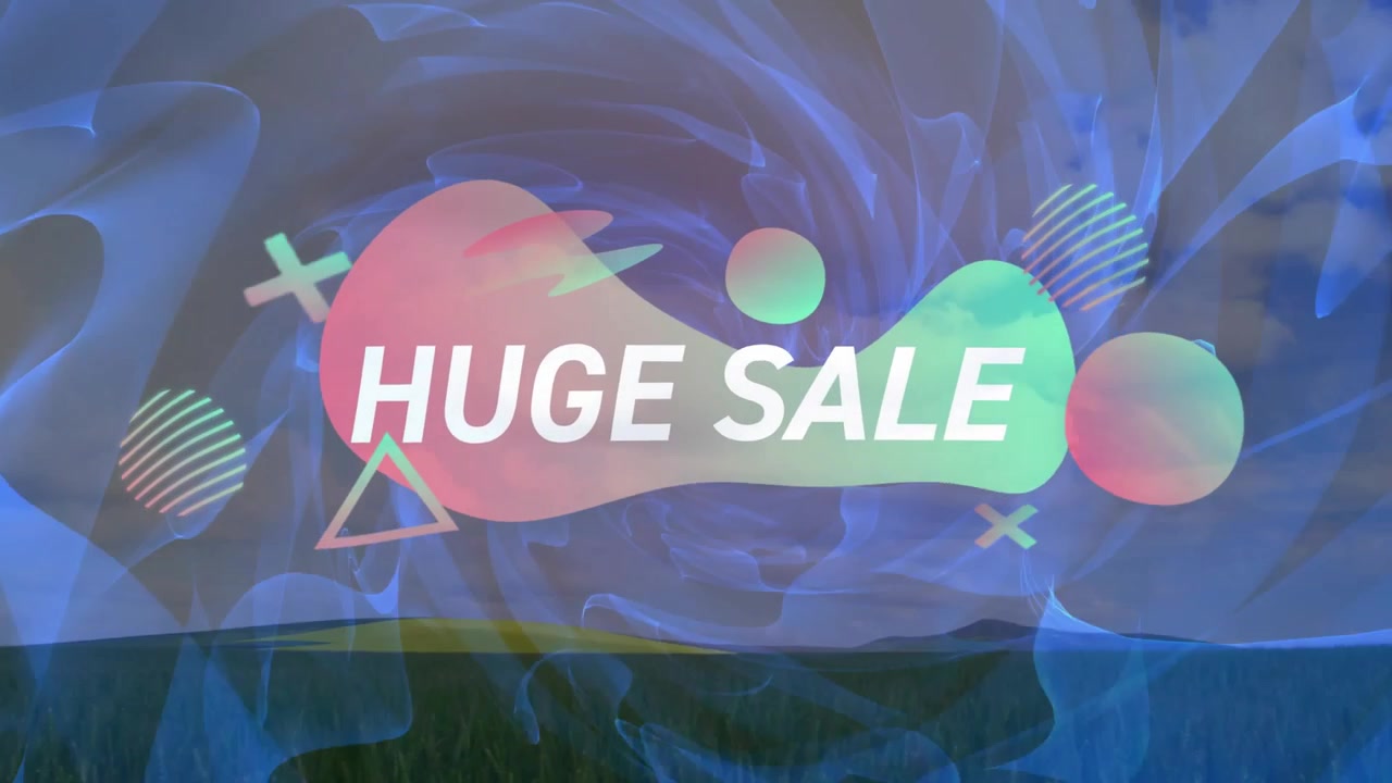 Grassy field showing swirl vortex forming and icons circling pink-green blob promoting HUGE SALE