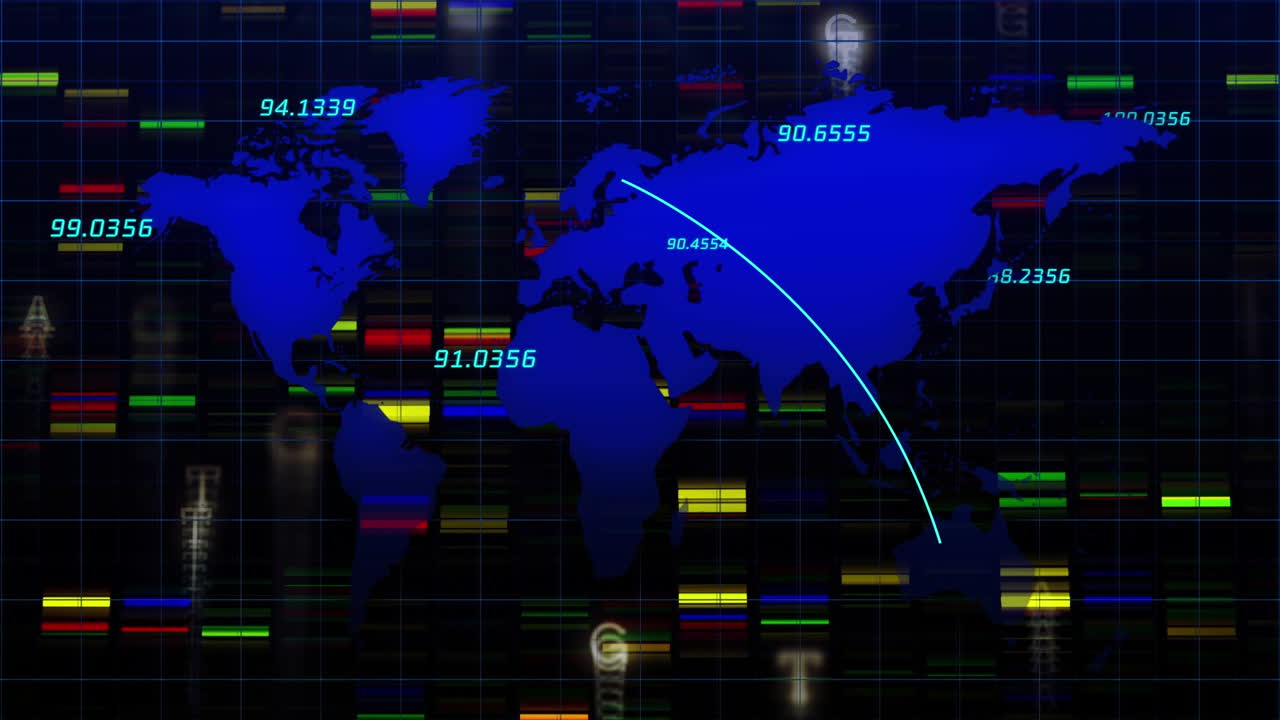Animation of world map, financial graphs and data on black background
