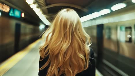 a woman with long blonde hair standing in a subway station