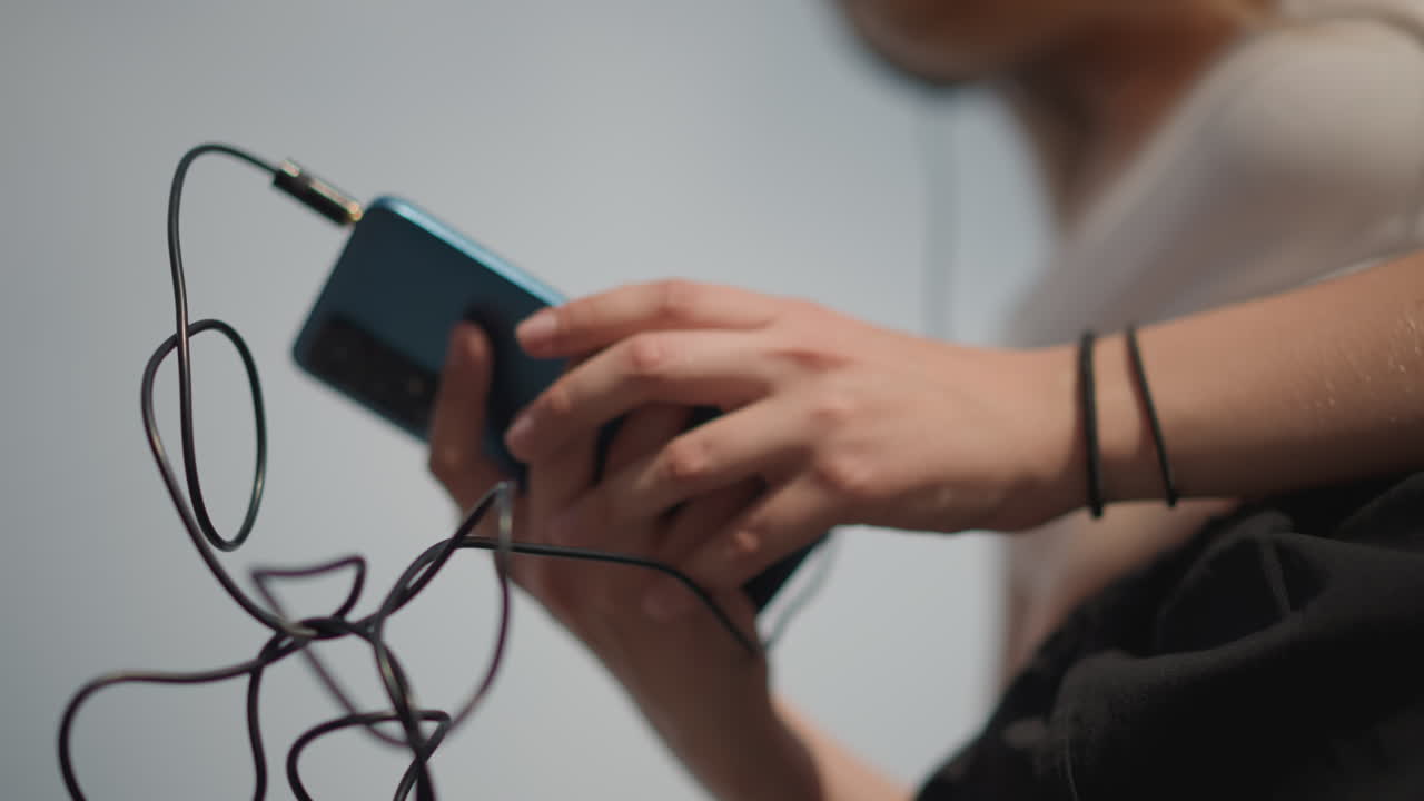 young caucasian woman untangling cord against open sky, lowangle closeup of hands and smartphone, concentrating during soundcheck, wired headset coils looped around fingers, cinematic contrast