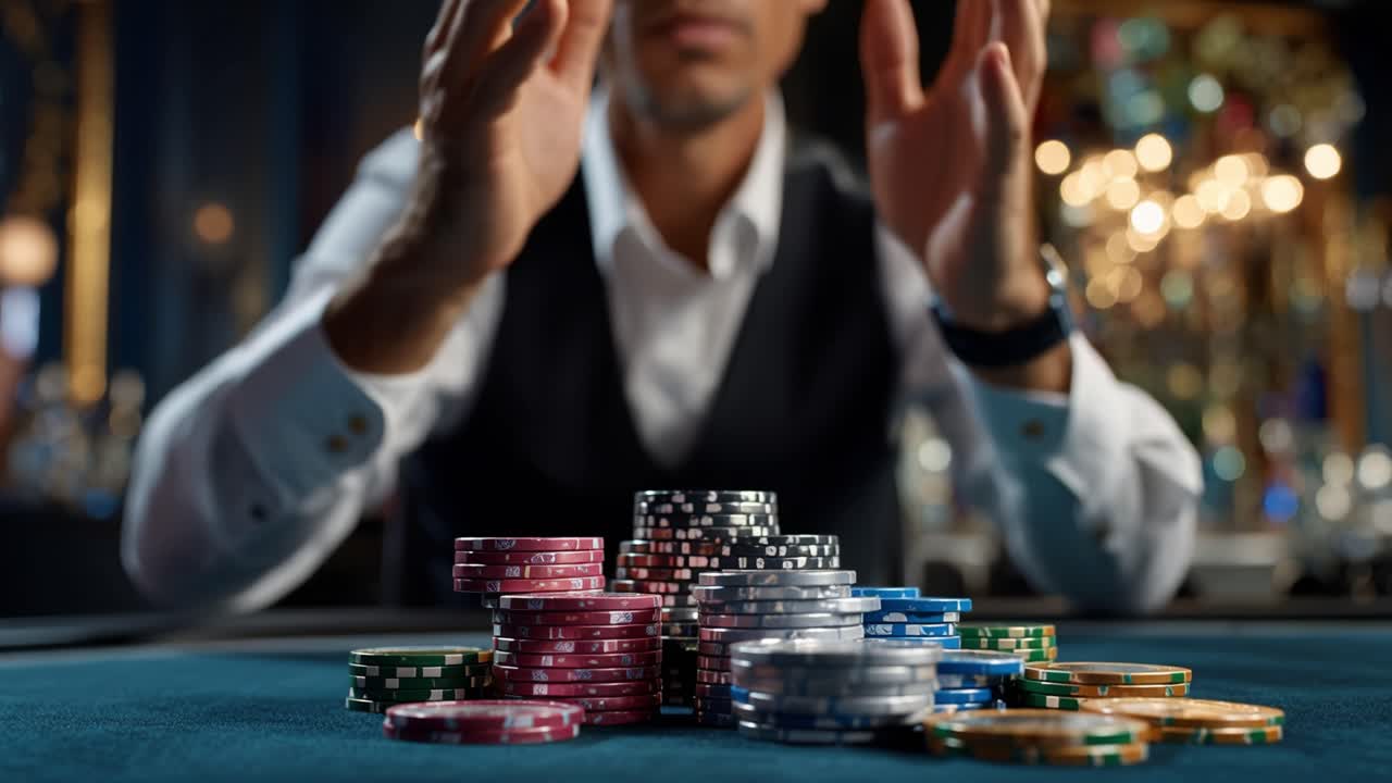 Primo piano di un croupier a un tavolo da casinò con fiches impilate e uno sfondo sfocato che evidenzia l'atmosfera di gioco.