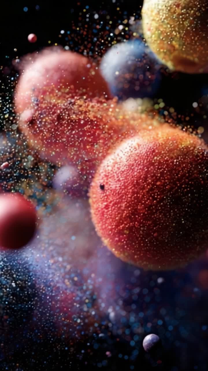 Una vibrante danza cosmica: Esplorando uno spettacolo multicolore di corpi celesti che simula una scena dinamica di particelle cosmiche e colori in movimento.