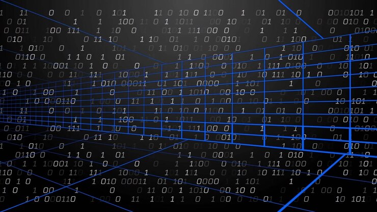 Start binary code appearing and streaming toward viewer inside expanding 3D grid showing data flow