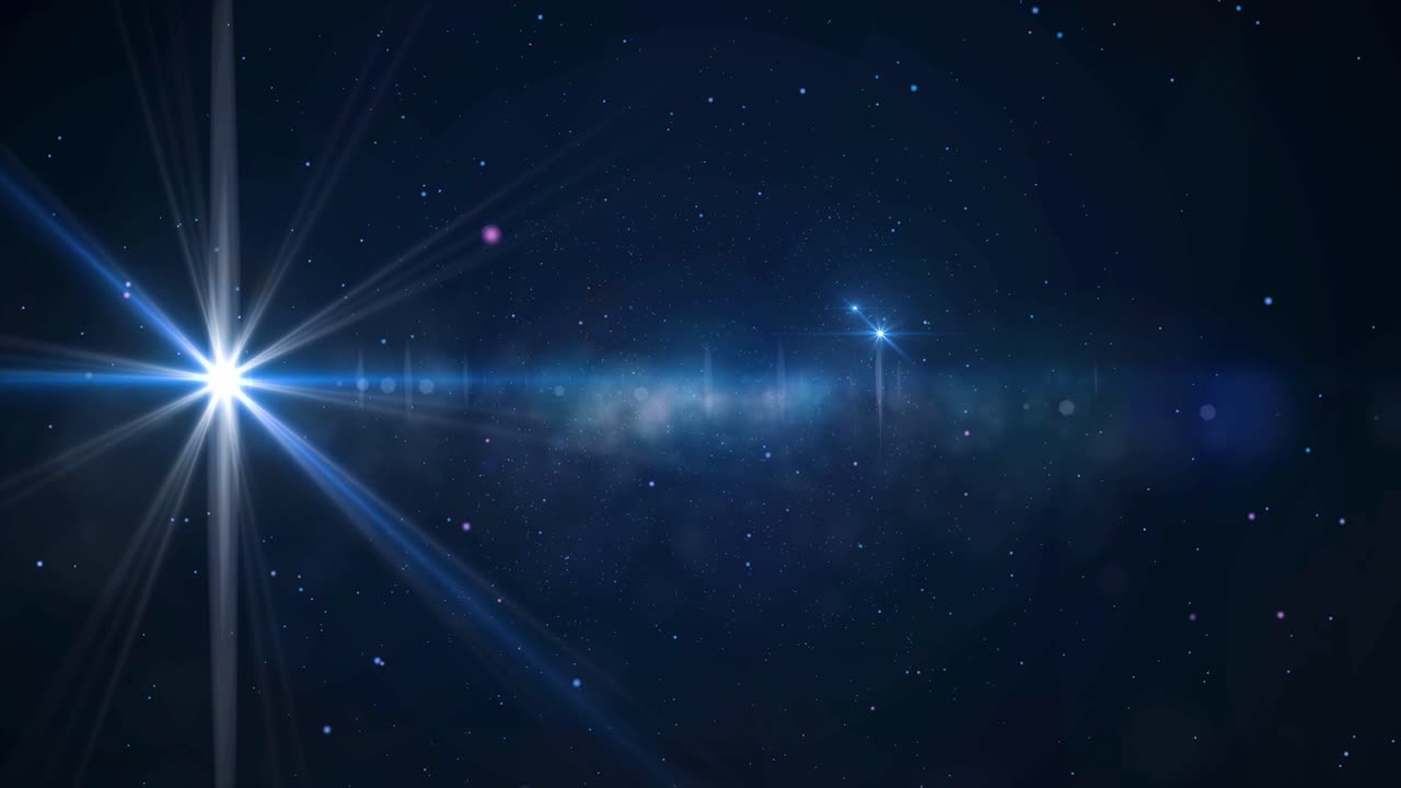 중심에 별과 밝은 빛이 있는 어두운 파란색 밤하늘